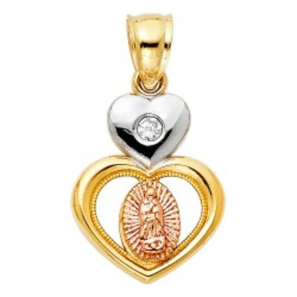 14K Gold Guadalupe CZ Heart Religious Pendant